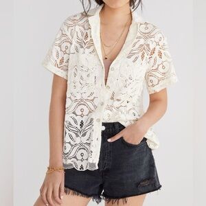 Maeve Cream Lace Surfer Shirt Button-Up Top